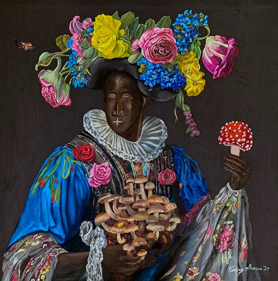 One of Orioye Bukola’s recent paintings (Atunbi (Rebirth) Oil and acrylic painting, 24in by 24in by Orioye Bukola)